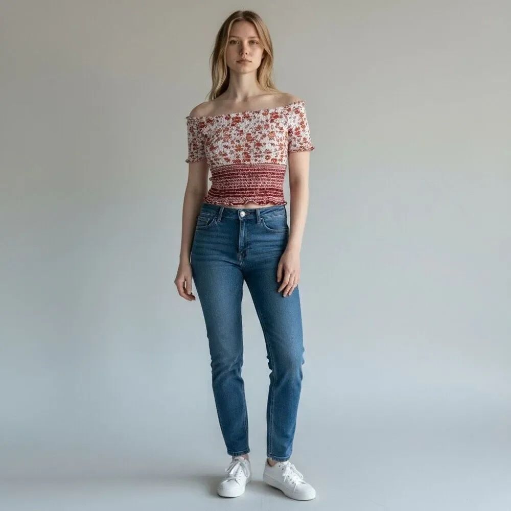 Derek Heart White Red ombre Stretchy off the shoulder short sleeve crop top M